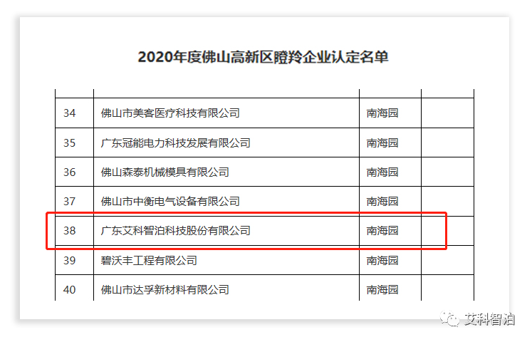 2020年度佛山高新區(qū)瞪羚企業(yè)