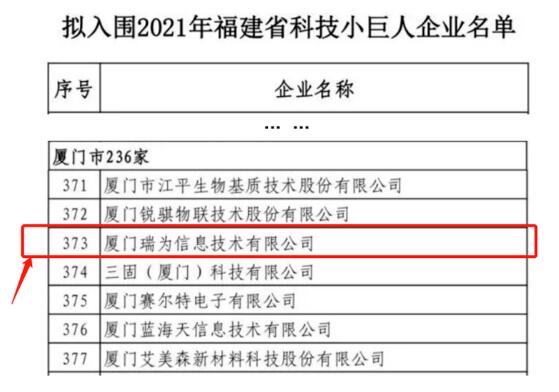 贊！瑞為技術(shù)入圍2021福建省科技小巨人企業(yè)名單