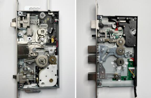 左側(cè)為其他全自動鎖體，右側(cè)為亞太天能全自動鎖體